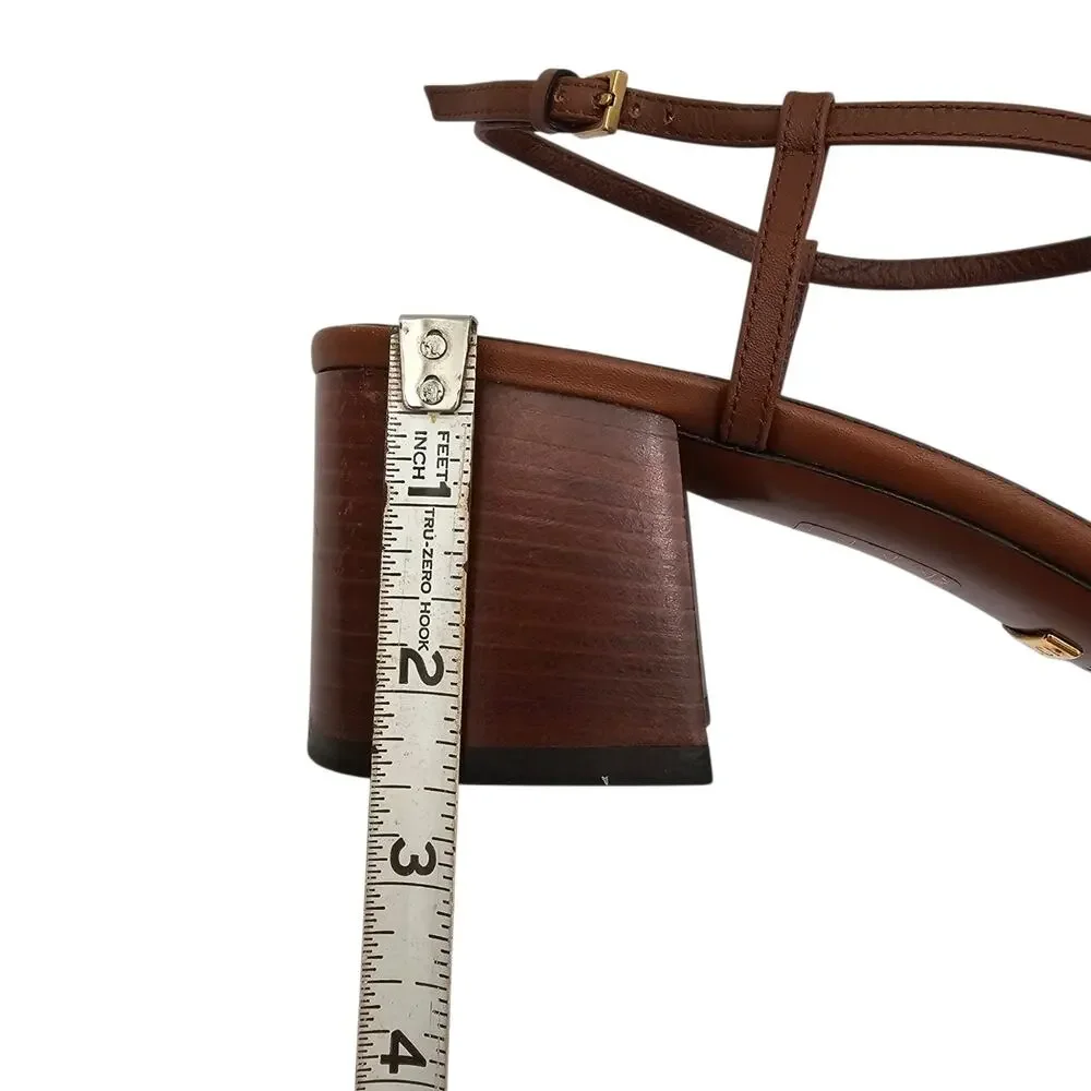 Gucci GG Brown Leather Horsebit T Strap Block Heel Sandal Gold Size 40 US 10